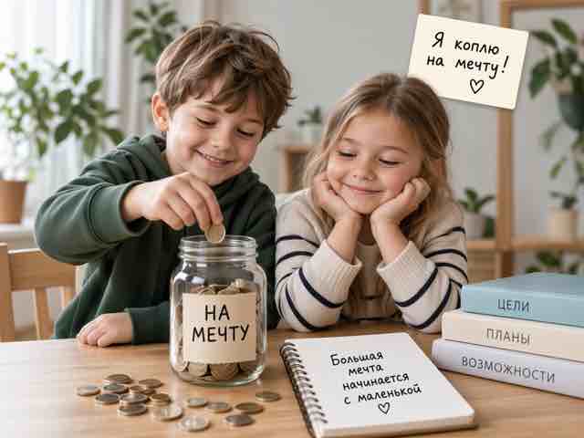 Дети копят монеты в банку на мечту